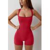 QINSEN Womens Strappy Square Neck Tank Top Tummy Control Bodycon Stretch Shorts Jumpsuit Outfits(Red)