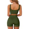QINSEN Workout Sets for Women 2 Piece Seamless Ribbed Crop Tank High Waist Shorts Yoga Outfits(Army Green)