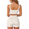 QINSEN Workout Sets for Women 2 Piece Seamless Ribbed Crop Tank High Waist Shorts Yoga Outfits(Beige)