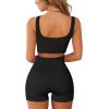 QINSEN Workout Sets for Women 2 Piece Seamless Ribbed Crop Tank High Waist Shorts Yoga Outfits(Black)