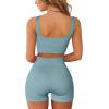 QINSEN Workout Sets for Women 2 Piece Seamless Ribbed Crop Tank High Waist Shorts Yoga Outfits(Blue)
