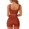 QINSEN Workout Sets for Women 2 Piece Seamless Ribbed Crop Tank High Waist Shorts Yoga Outfits(Brick Red)
