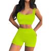 QINSEN Workout Sets for Women 2 Piece Seamless Ribbed Crop Tank High Waist Shorts Yoga Outfits(Bright Green)