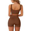 QINSEN Workout Sets for Women 2 Piece Seamless Ribbed Crop Tank High Waist Shorts Yoga Outfits(Brown)