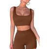 QINSEN Workout Sets for Women 2 Piece Seamless Ribbed Crop Tank High Waist Shorts Yoga Outfits(Brown)
