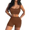 QINSEN Workout Sets for Women 2 Piece Seamless Ribbed Crop Tank High Waist Shorts Yoga Outfits(Brown)