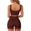 QINSEN Workout Sets for Women 2 Piece Seamless Ribbed Crop Tank High Waist Shorts Yoga Outfits(Coffee)