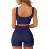 QINSEN Workout Sets for Women 2 Piece Seamless Ribbed Crop Tank High Waist Shorts Yoga Outfits(Dark Blue)