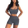 QINSEN Workout Sets for Women 2 Piece Seamless Ribbed Crop Tank High Waist Shorts Yoga Outfits(Dark Grey)