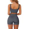 QINSEN Workout Sets for Women 2 Piece Seamless Ribbed Crop Tank High Waist Shorts Yoga Outfits(Dark Grey)