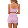 QINSEN Workout Sets for Women 2 Piece Seamless Ribbed Crop Tank High Waist Shorts Yoga Outfits(Dusty Pink)