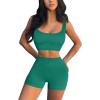 QINSEN Workout Sets for Women 2 Piece Seamless Ribbed Crop Tank High Waist Shorts Yoga Outfits(Emerald Green)