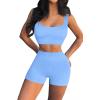 QINSEN Workout Sets for Women 2 Piece Seamless Ribbed Crop Tank High Waist Shorts Yoga Outfits(Light Blue)