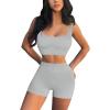QINSEN Workout Sets for Women 2 Piece Seamless Ribbed Crop Tank High Waist Shorts Yoga Outfits(Light Grey)