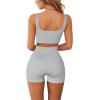 QINSEN Workout Sets for Women 2 Piece Seamless Ribbed Crop Tank High Waist Shorts Yoga Outfits(Light Grey)