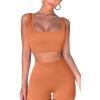 QINSEN Workout Sets for Women 2 Piece Seamless Ribbed Crop Tank High Waist Shorts Yoga Outfits(Light Orange)