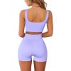 QINSEN Workout Sets for Women 2 Piece Seamless Ribbed Crop Tank High Waist Shorts Yoga Outfits(Light Purple)