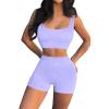 QINSEN Workout Sets for Women 2 Piece Seamless Ribbed Crop Tank High Waist Shorts Yoga Outfits(Light Purple)