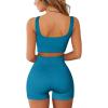 QINSEN Workout Sets for Women 2 Piece Seamless Ribbed Crop Tank High Waist Shorts Yoga Outfits(Peackock Blue_)