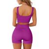 QINSEN Workout Sets for Women 2 Piece Seamless Ribbed Crop Tank High Waist Shorts Yoga Outfits(Raspberry Sherbet)