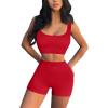 QINSEN Workout Sets for Women 2 Piece Seamless Ribbed Crop Tank High Waist Shorts Yoga Outfits(Red)