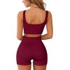 QINSEN Workout Sets for Women 2 Piece Seamless Ribbed Crop Tank High Waist Shorts Yoga Outfits(Wine)