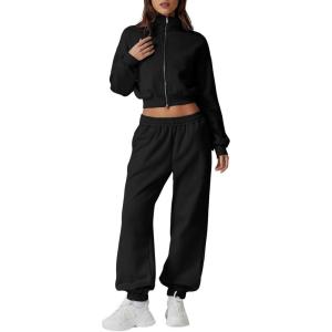 QINSEN Womens 2 Piece Oufits Full Zip Jacket Long Sleeve Sweatsuits Fleece Lounge Tracksuit with Joggers(Black)