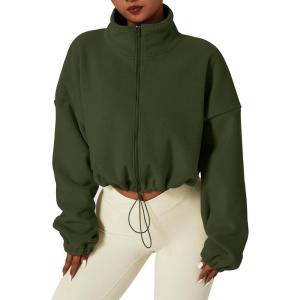 QINSEN Women’s Full Zip Fleece Short Jacket Warm Winter Long Sleeve Stand Collar Sherpa Crop Coat(Army Green)