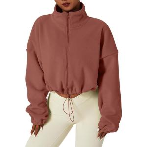QINSEN Women’s Full Zip Fleece Short Jacket Warm Winter Long Sleeve Stand Collar Sherpa Crop Coat(Auburn)