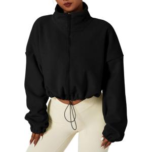 QINSEN Women’s Full Zip Fleece Short Jacket Warm Winter Long Sleeve Stand Collar Sherpa Crop Coat(Black)
