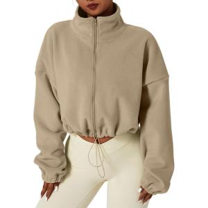 QINSEN Women’s Full Zip Fleece Short Jacket Warm Winter Long Sleeve Stand Collar Sherpa Crop Coat(Camel)