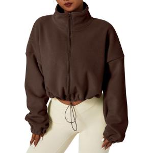 QINSEN Women’s Full Zip Fleece Short Jacket Warm Winter Long Sleeve Stand Collar Sherpa Crop Coat(Caramel Coffee)