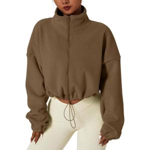 QINSEN Women’s Full Zip Fleece Short Jacket Warm Winter Long Sleeve Stand Collar Sherpa Crop Coat(Chestnut)
