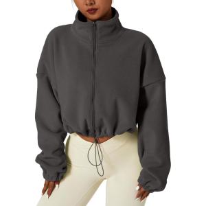 QINSEN Women’s Full Zip Fleece Short Jacket Warm Winter Long Sleeve Stand Collar Sherpa Crop Coat(Dark Grey)