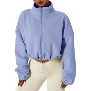QINSEN Women’s Full Zip Fleece Short Jacket Warm Winter Long Sleeve Stand Collar Sherpa Crop Coat(Dusty Purple)