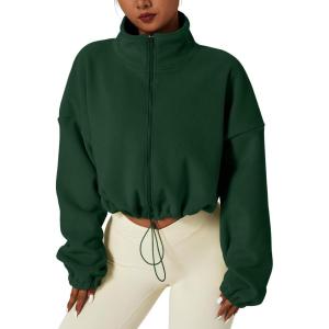 QINSEN Women’s Full Zip Fleece Short Jacket Warm Winter Long Sleeve Stand Collar Sherpa Crop Coat(Forest Green)