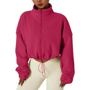 QINSEN Women’s Full Zip Fleece Short Jacket Warm Winter Long Sleeve Stand Collar Sherpa Crop Coat(Innuendo Rosy)