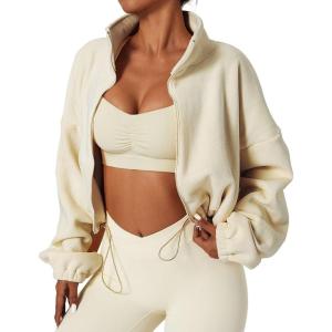 QINSEN Women’s Full Zip Fleece Short Jacket Warm Winter Long Sleeve Stand Collar Sherpa Crop Coat(Ivory)
