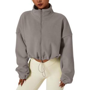 QINSEN Women’s Full Zip Fleece Short Jacket Warm Winter Long Sleeve Stand Collar Sherpa Crop Coat(Light Grey)