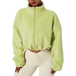 QINSEN Women’s Full Zip Fleece Short Jacket Warm Winter Long Sleeve Stand Collar Sherpa Crop Coat(Lime Green)