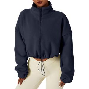 QINSEN Women’s Full Zip Fleece Short Jacket Warm Winter Long Sleeve Stand Collar Sherpa Crop Coat(Navy)