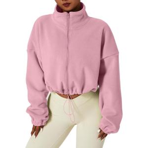 QINSEN Women’s Full Zip Fleece Short Jacket Warm Winter Long Sleeve Stand Collar Sherpa Crop Coat(Pink)