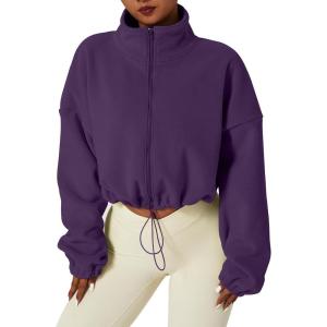 QINSEN Women’s Full Zip Fleece Short Jacket Warm Winter Long Sleeve Stand Collar Sherpa Crop Coat(Purple)