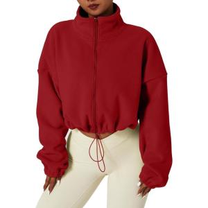 QINSEN Women’s Full Zip Fleece Short Jacket Warm Winter Long Sleeve Stand Collar Sherpa Crop Coat(Red)