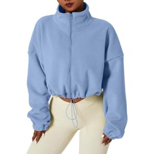 QINSEN Women’s Full Zip Fleece Short Jacket Warm Winter Long Sleeve Stand Collar Sherpa Crop Coat(Sky Blue)