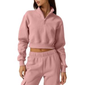 QINSEN Womens Half Zip Crop Sweatshirt High Neck Long Sleeve Pullover Cropped Top(Peachskin)