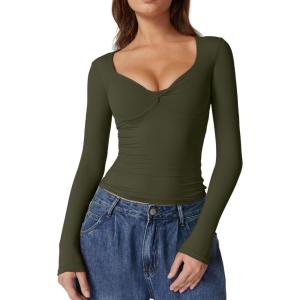 QINSEN Womens Long Sleeve Twist Front V Neck T Shirts Double Lined Slim Fit Trendy Top Tee(Army Green)