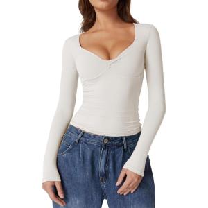 QINSEN Womens Long Sleeve Twist Front V Neck T Shirts Double Lined Slim Fit Trendy Top Tee(Beige)