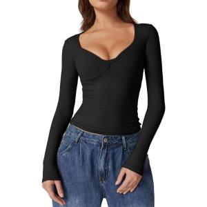 QINSEN Womens Long Sleeve Twist Front V Neck T Shirts Double Lined Slim Fit Trendy Top Tee(Black)