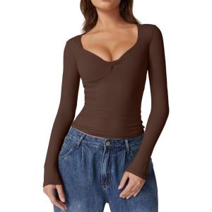 QINSEN Womens Long Sleeve Twist Front V Neck T Shirts Double Lined Slim Fit Trendy Top Tee(Brown)